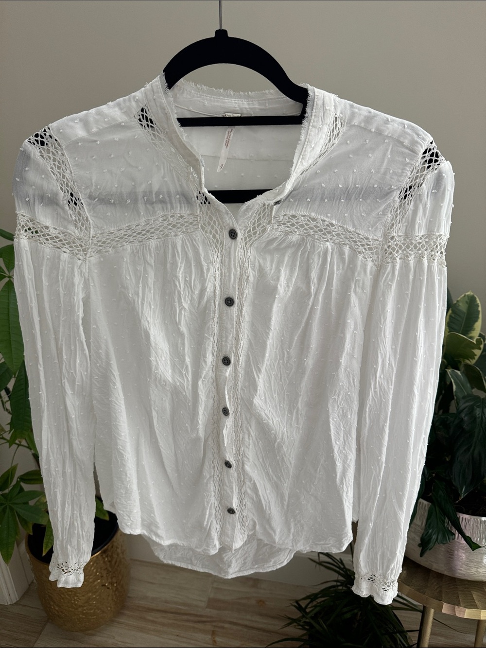 Free People White Swiss Dot Lace Boho Blouse | Size Small